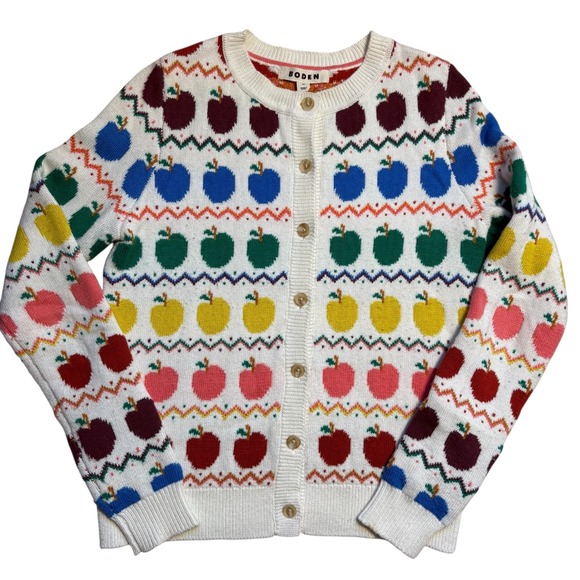 Boden Rainbow Apple Fair Isle Cardigan Sweater XS White K0851 Cotton/Wool Blend - Picture 2 of 10